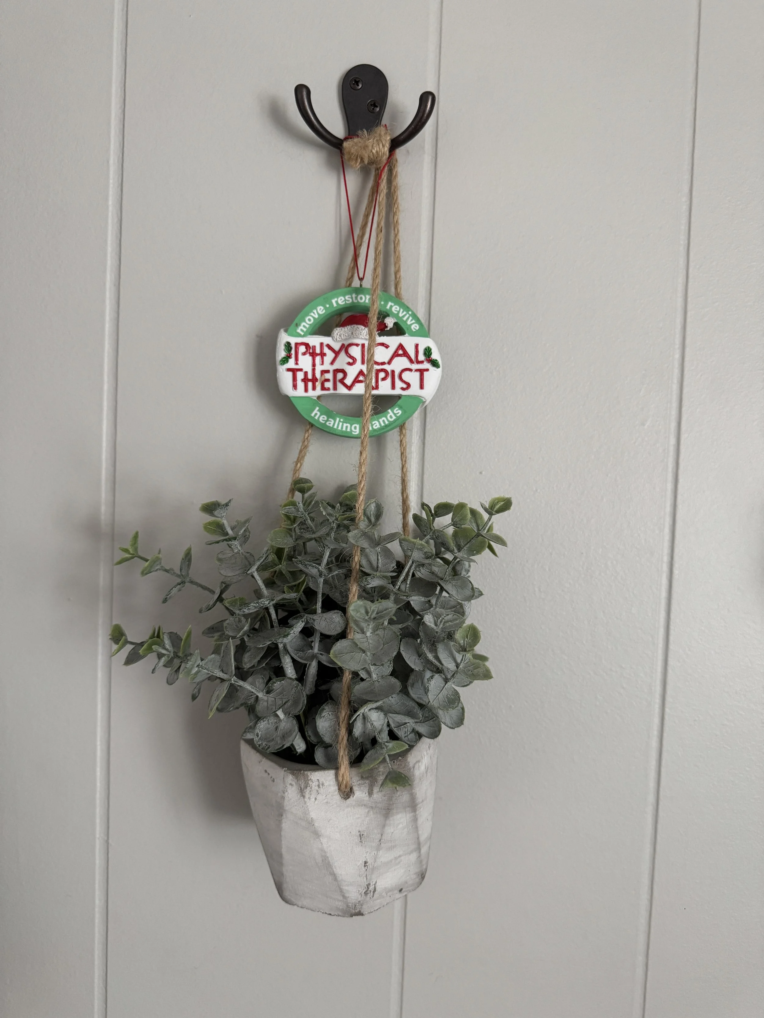 A wall-mounted white flower pot with artificial gray-green leaves and a hanging holiday-themed ornament reading 'Physical Therapist' in red letters, decorated with holly and snowflakes, hanging from a black wall hook.