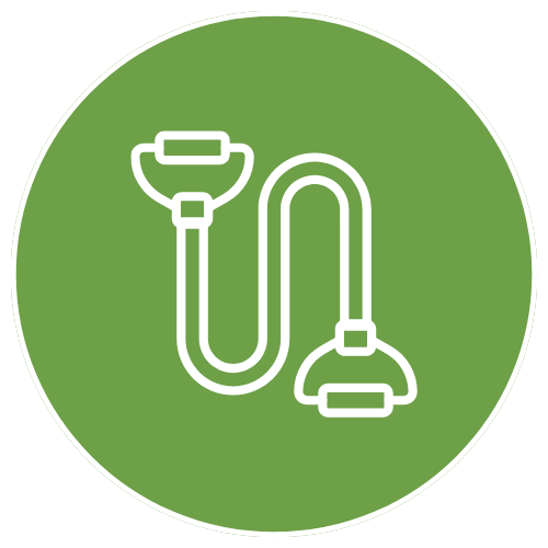 Icon of a vacuum cleaner hose and nozzle on a green circular background.