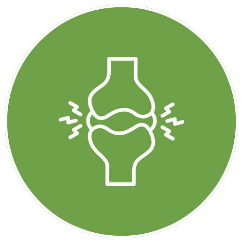 Line drawing of a knee joint with wavy lines indicating pain or discomfort, on a green circular background.