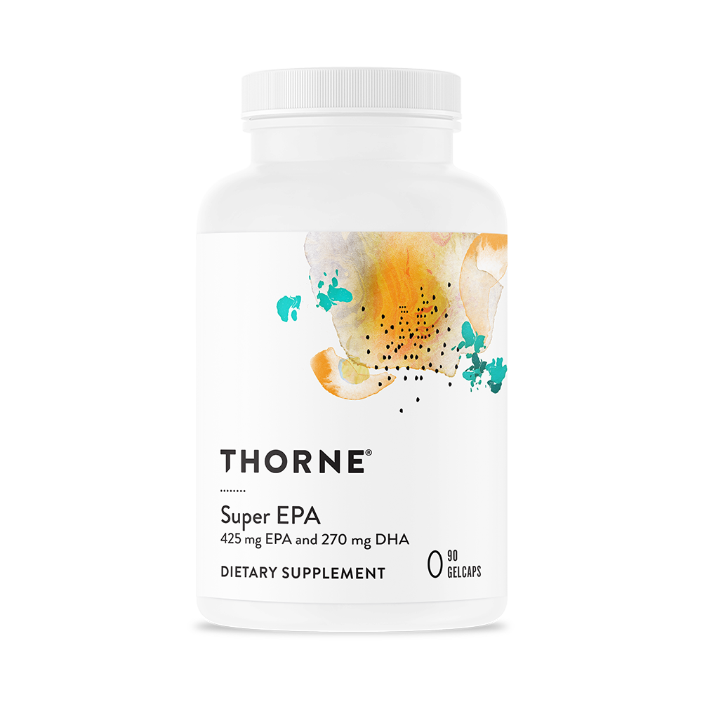 A white bottle of Thorne Super EPA dietary supplement with a colorful abstract watercolor design on the label, indicating it contains 425 mg EPA and 270 mg DHA, with zero gel caps.