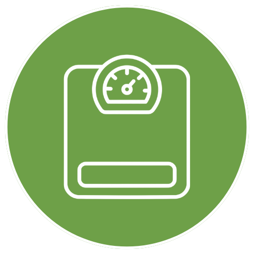 Green circular icon with a white outline of a weighing scale with a dial display.