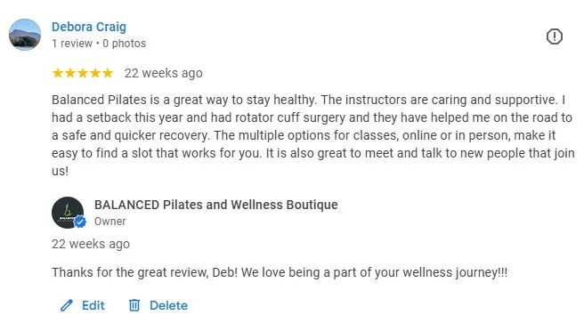 Screenshot of a Google review for BALANCED Pilates and Wellness Boutique by Debora Craig, praising the supportive instructors and flexible class options.