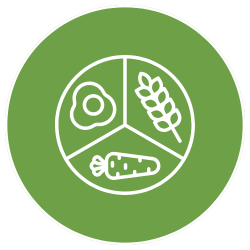 A green circular icon with a white outline of a fried egg, wheat stalk, and carrot inside a divided circle.