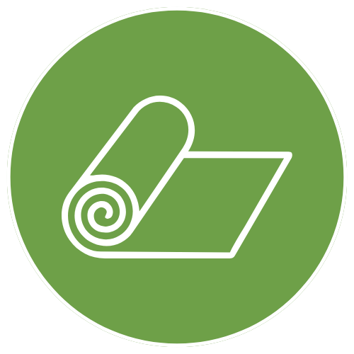 Green circular icon with a white outline of a rolled-up yoga mat or exercise mat.