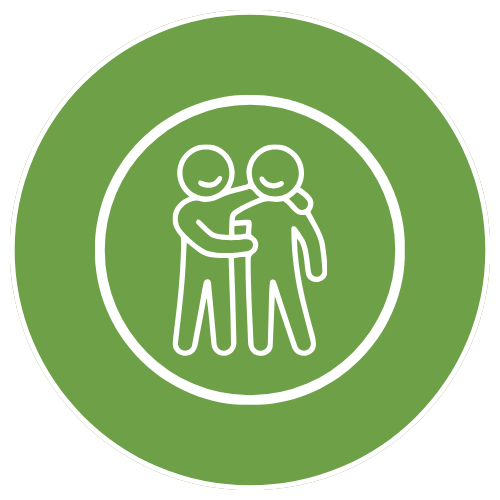 Icon of two people hugging, one with a stethoscope, on a green background.