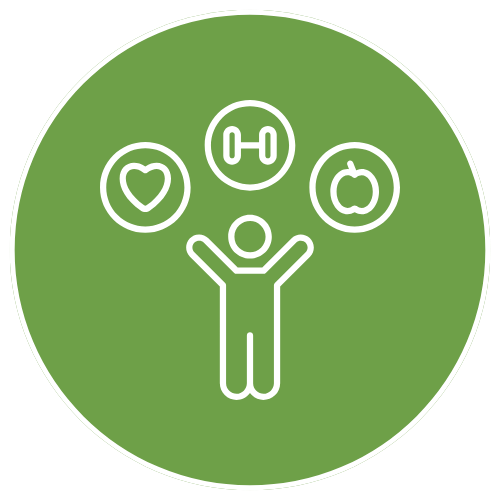 A person with arms raised surrounded by icons of a heart, dumbbell, and apple on a green background.