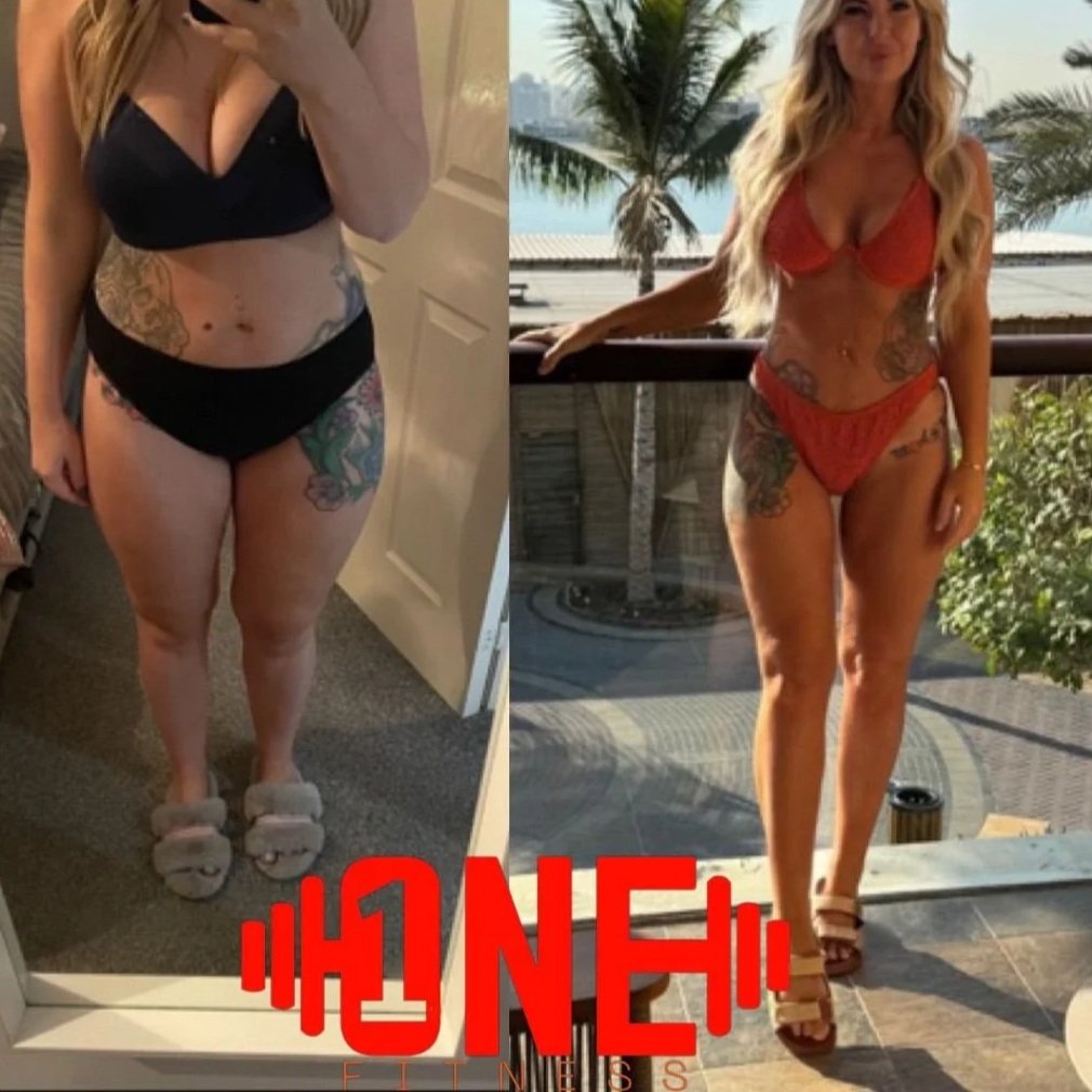 Comparison photo of a woman before and after weight loss, wearing different swimsuits in each picture. The before image shows her in a black bikini and slippers, while the after image shows her in a red bikini on a balcony with palm trees and water i