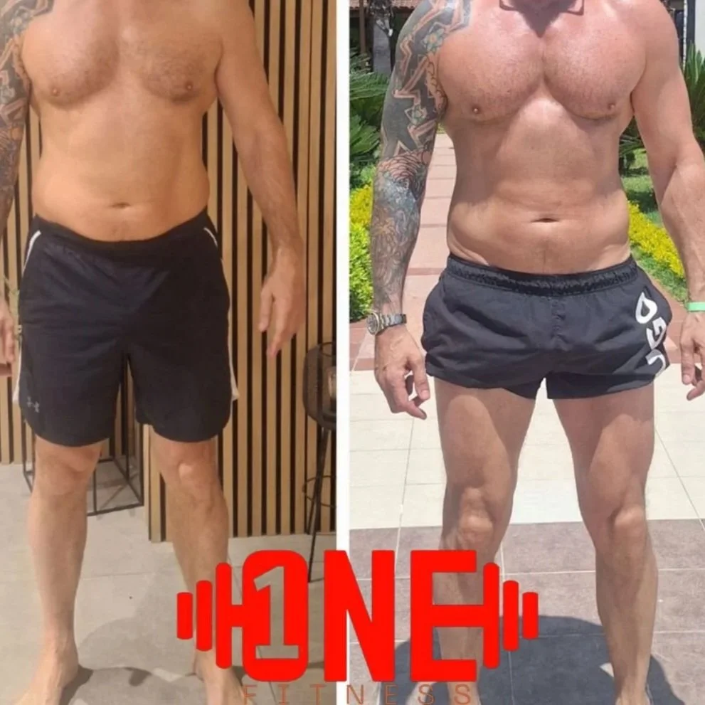 Comparison of a man's body before and after fitness transformation, showing increased muscle definition and reduced body fat in the second image.