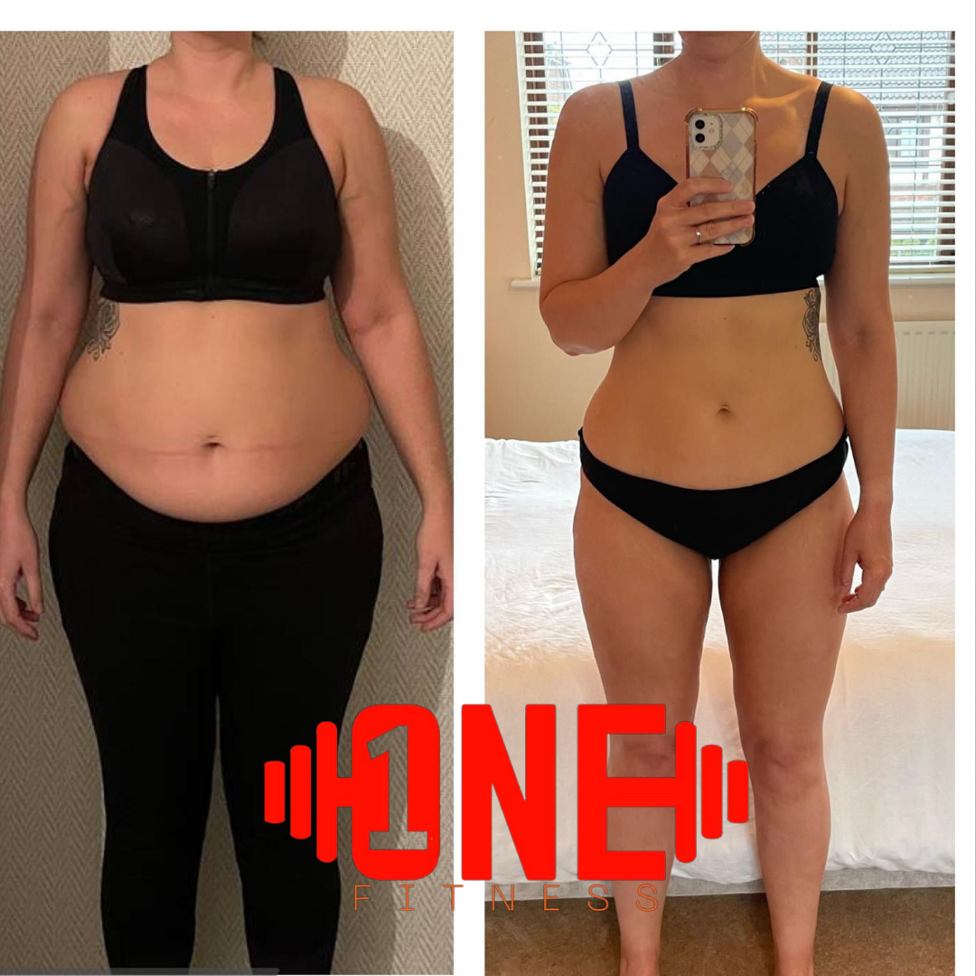Side-by-side comparison of a woman before and after weight loss. She is wearing a black sports bra and black underwear in both images. In the 'before' photo, she has more body fat and a larger waist. In the 'after' photo, she has a slimmer waist and 