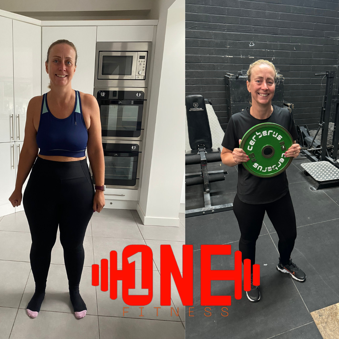 Side-by-side photos of a woman before and after fitness training. In the first photo, she is indoors, smiling, wearing a blue sports bra and black leggings. In the second photo, she is in a gym, smiling, holding a weight plate, wearing a black t-shir