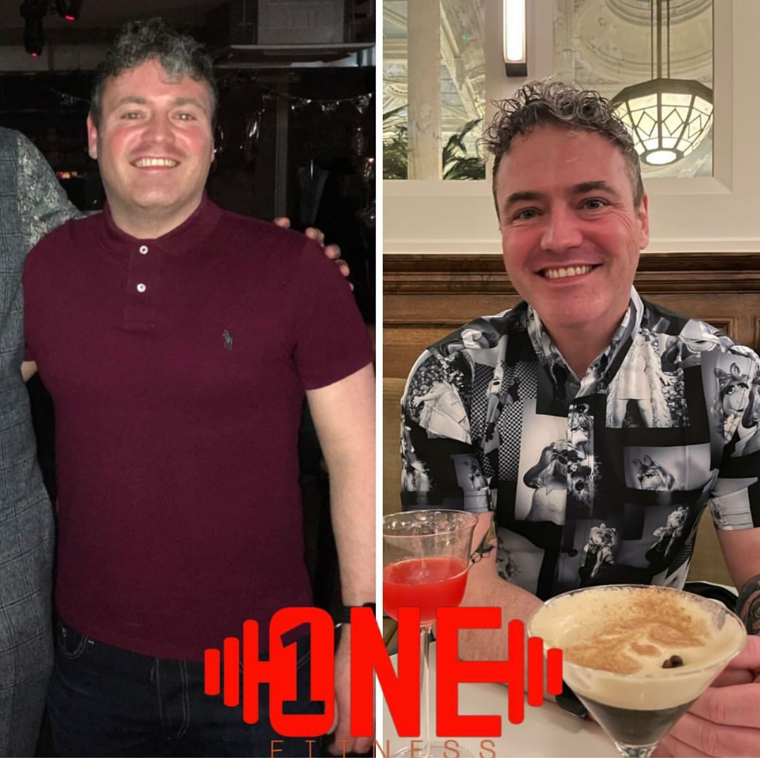 Side-by-side photos of the same man smiling. The left photo shows him in a casual dark red polo shirt, and the right photo shows him in a patterned shirt with a drink and dessert in front of him, in a restaurant setting.