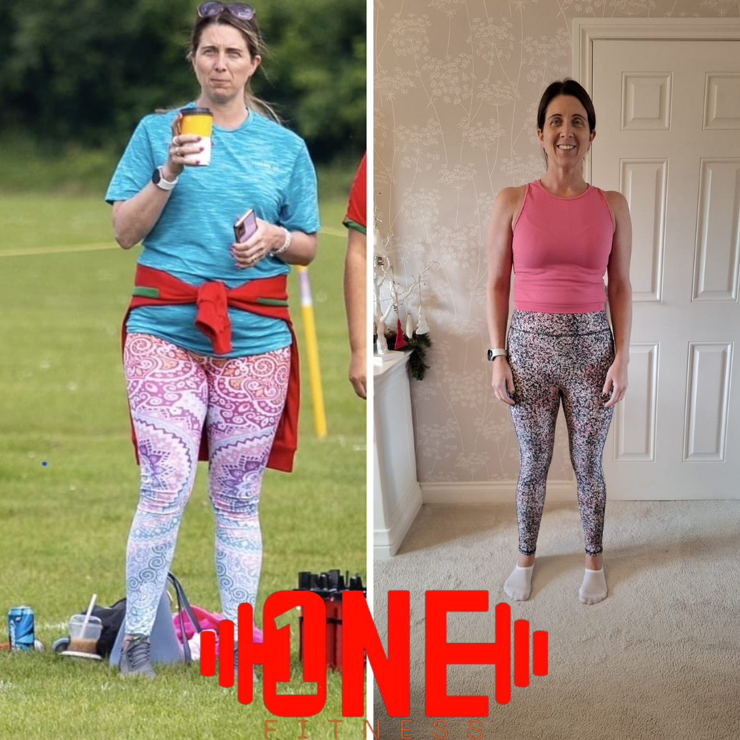 Comparison of a woman before and after weight loss showing her in casual outdoor clothing holding a drink in the left photo, and smiling in indoor fitness attire in the right photo.