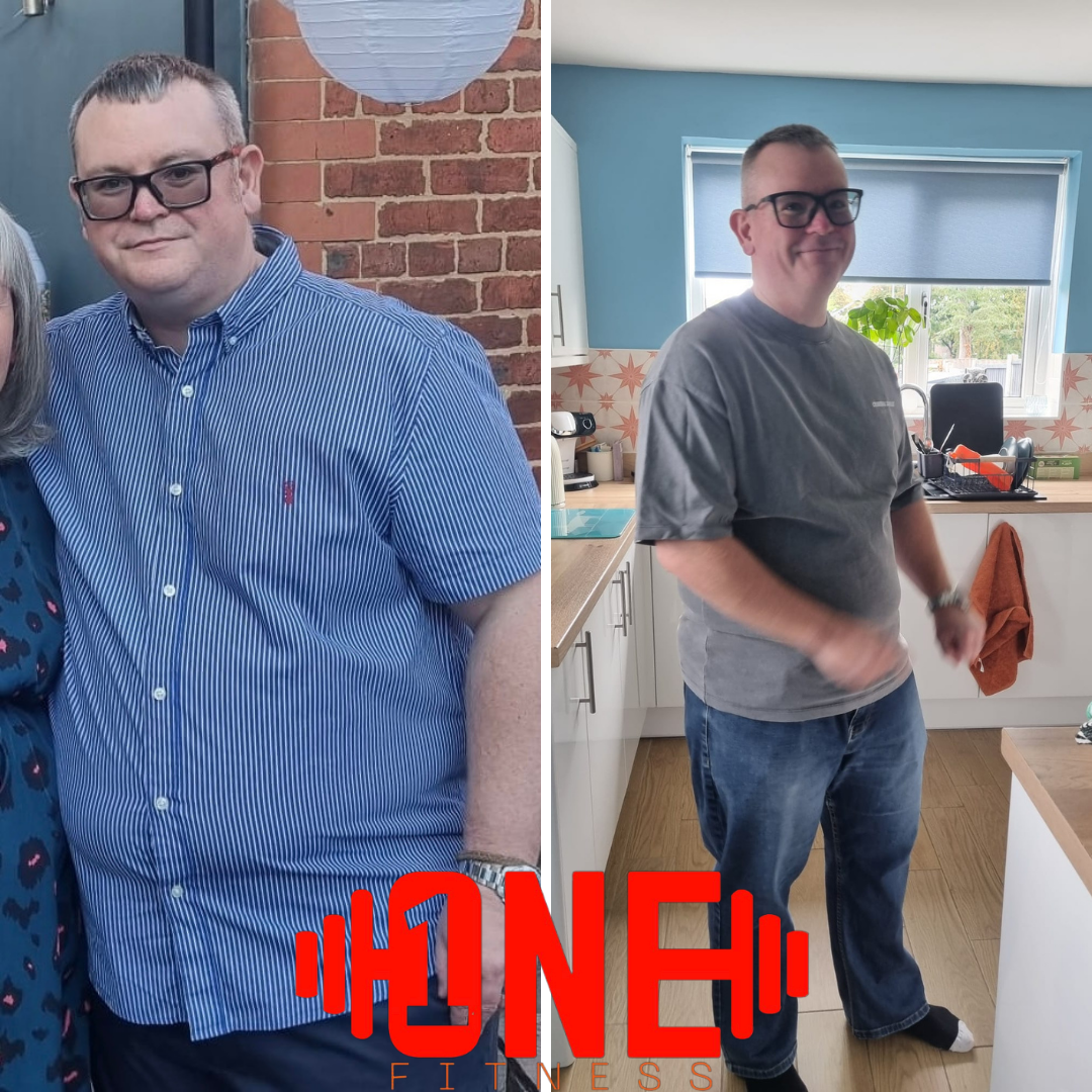 Side-by-side images of a man with glasses, short hair, and a smile. In the left image, he is wearing a blue and white striped shirt and standing outdoors against a brick wall. In the right image, he is wearing a gray t-shirt and jeans, standing in a 