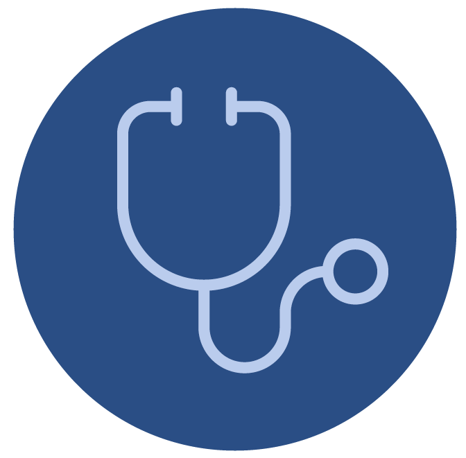 Blue circular icon with a light green outline of a stethoscope.