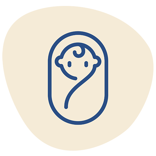 Simple line drawing of a baby wrapped in a blanket or swaddle.