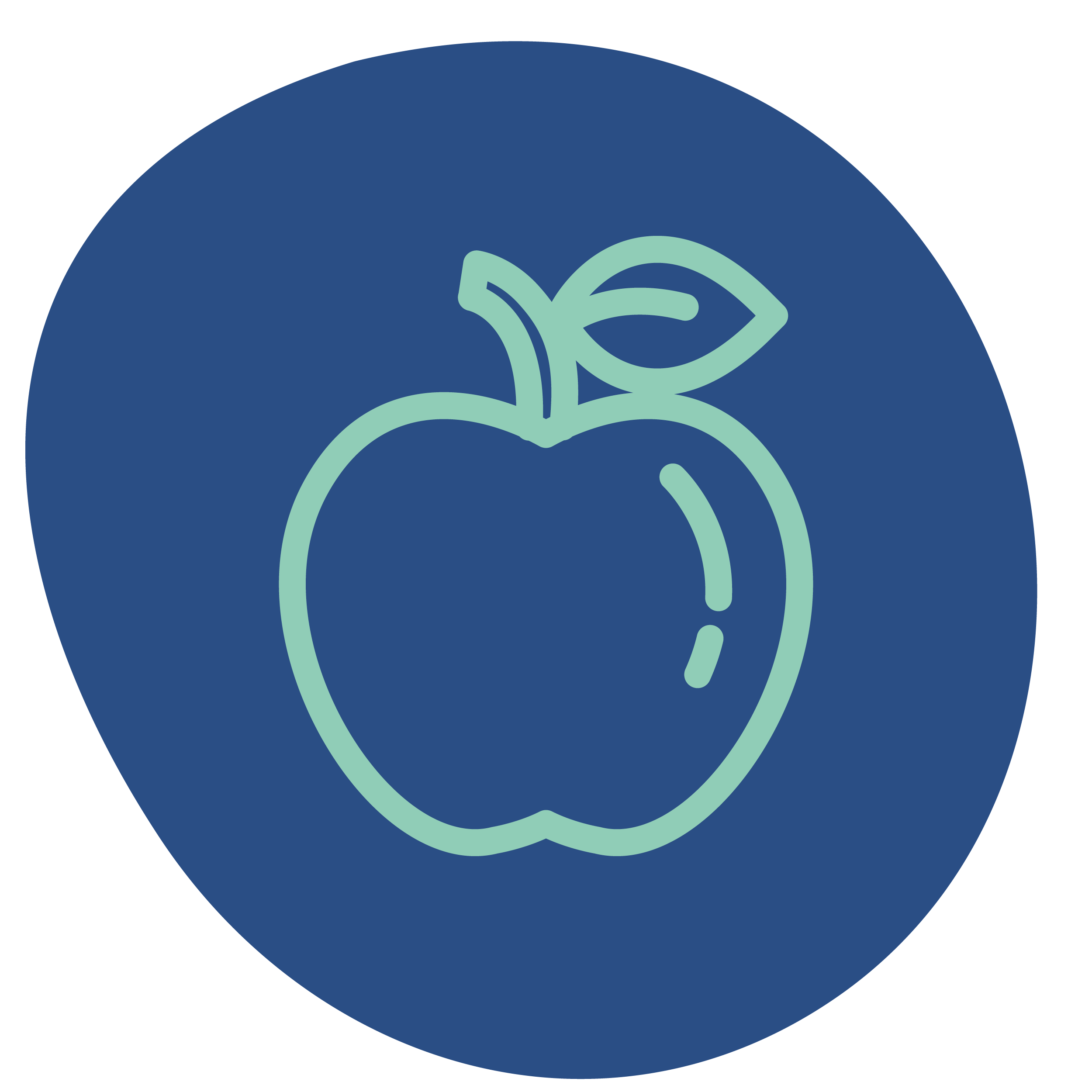 Line drawing of an apple with a leaf on a dark blue circular background.