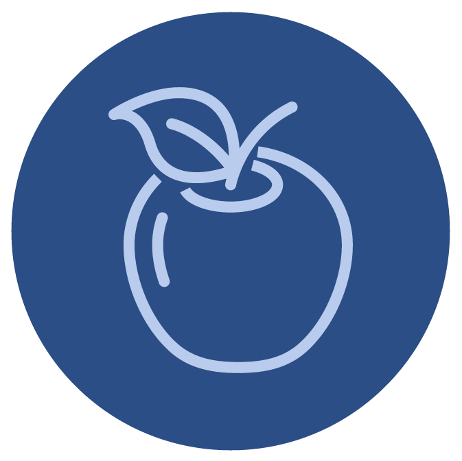 Outline drawing of an apple with a leaf, set against a dark blue circular background.
