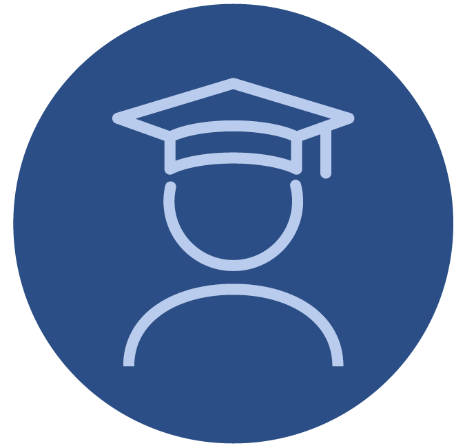 Simple line drawing of a smiling child's face with a bow in their hair, set against a dark blue circular background.