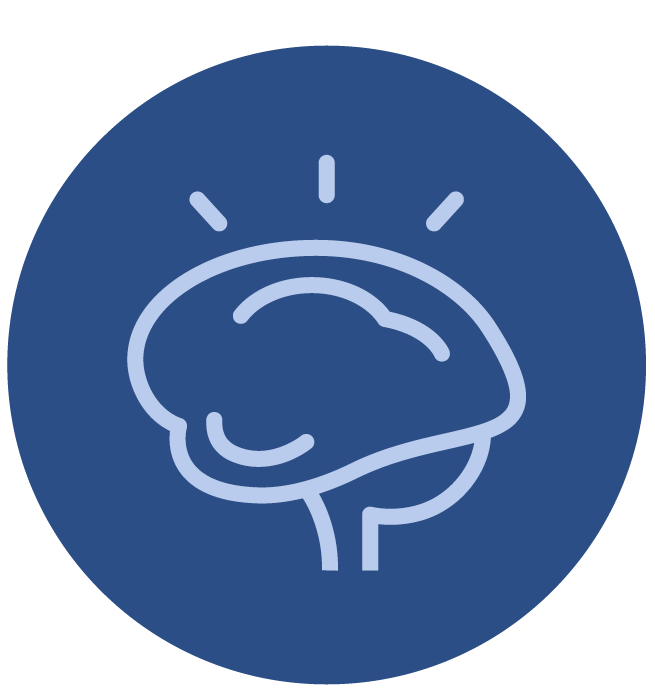 Icon of a human brain outlined in light blue against a dark blue circular background.