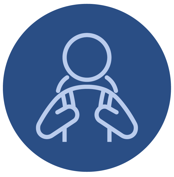 Simple line drawing of a smiling baby's face with a small tuft of hair, on a dark blue circular background.