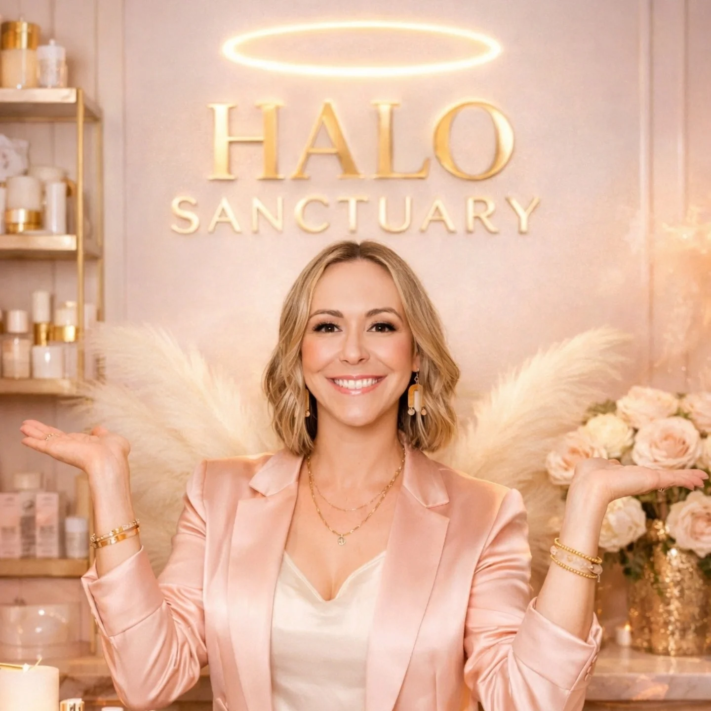 A smiling woman with blonde hair wearing a pink satin blazer and jewelry, standing in front of a sign that reads 'HALO SANCTUARY' with a halo logo above it, in a decorated space with flowers and shelves.