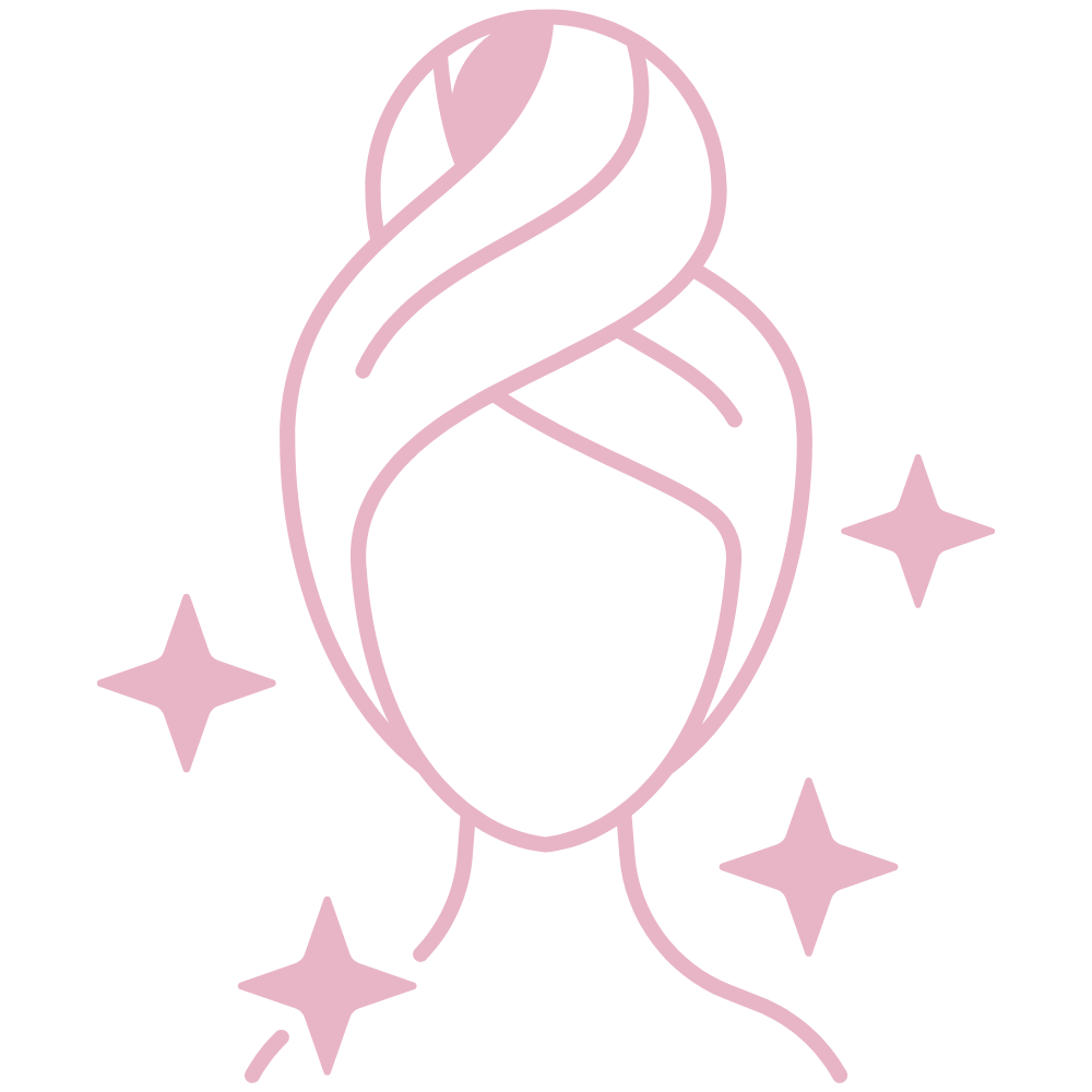 A minimalist line drawing of a woman with glowing hair and four stars around her, in pink against a transparent background.