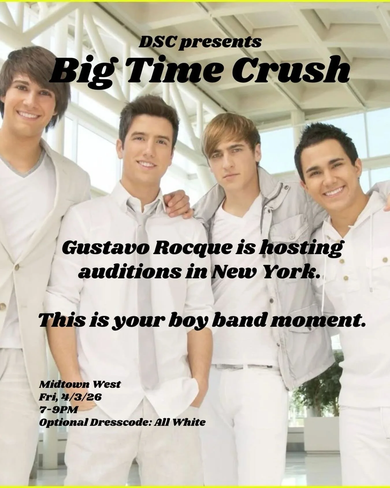 INVITE ALL YOUR GUY FRIENDS AND BOYFRIENDS AND HUSBANDS AND SITUATIONSHIPS AND MAKE THEM DANCE IN BOY BAND FORMATION 

🗓️ Fri, 4/3 @ 7-9pm
🎟️ Link in bio / Partiful 

#dancesocialclub #bigtimerush #boyband #nycthingstodo #dancesocialnyc