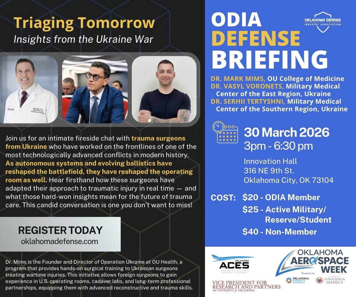 Flyer for Oklahoma Aerospace Week featuring a Defense Briefing on March 30 from 5:30 to 7:00 PM at Innovation Hall, with an image of a room filled with attendees at the event.