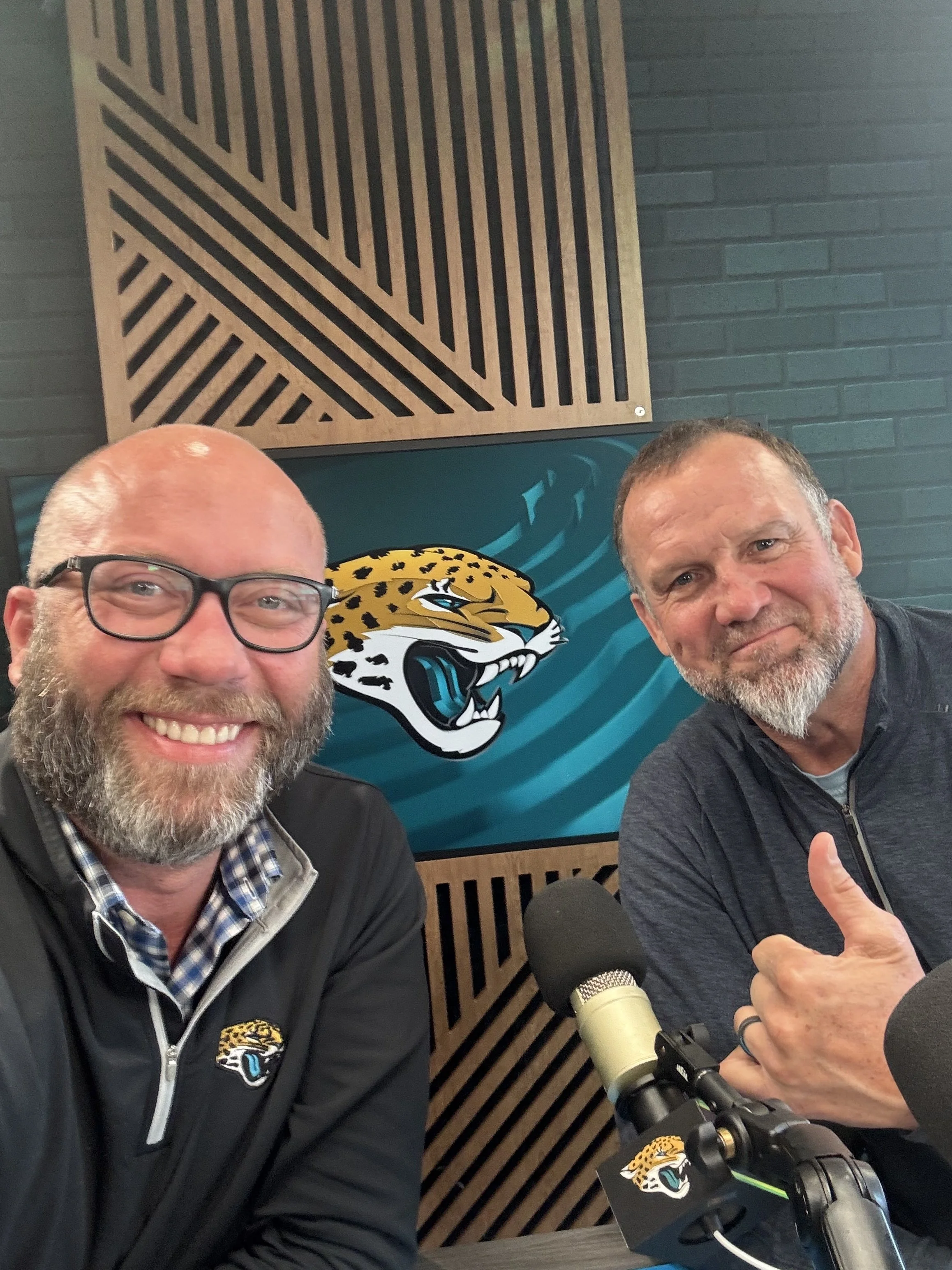 J.P. Shadrick with Jaguars analyst Jeff Lageman ahead of a recent Jaguars Happy Hour radio show.