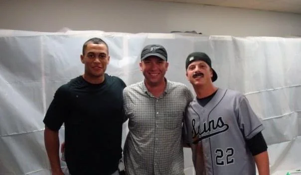 A 19-year-old Giancarlo Stanton, J.P. Shadrick and Matt Dominguez in the postgame locker room celebration following the 2009 Southern League Championship won by the Jacksonville Suns.