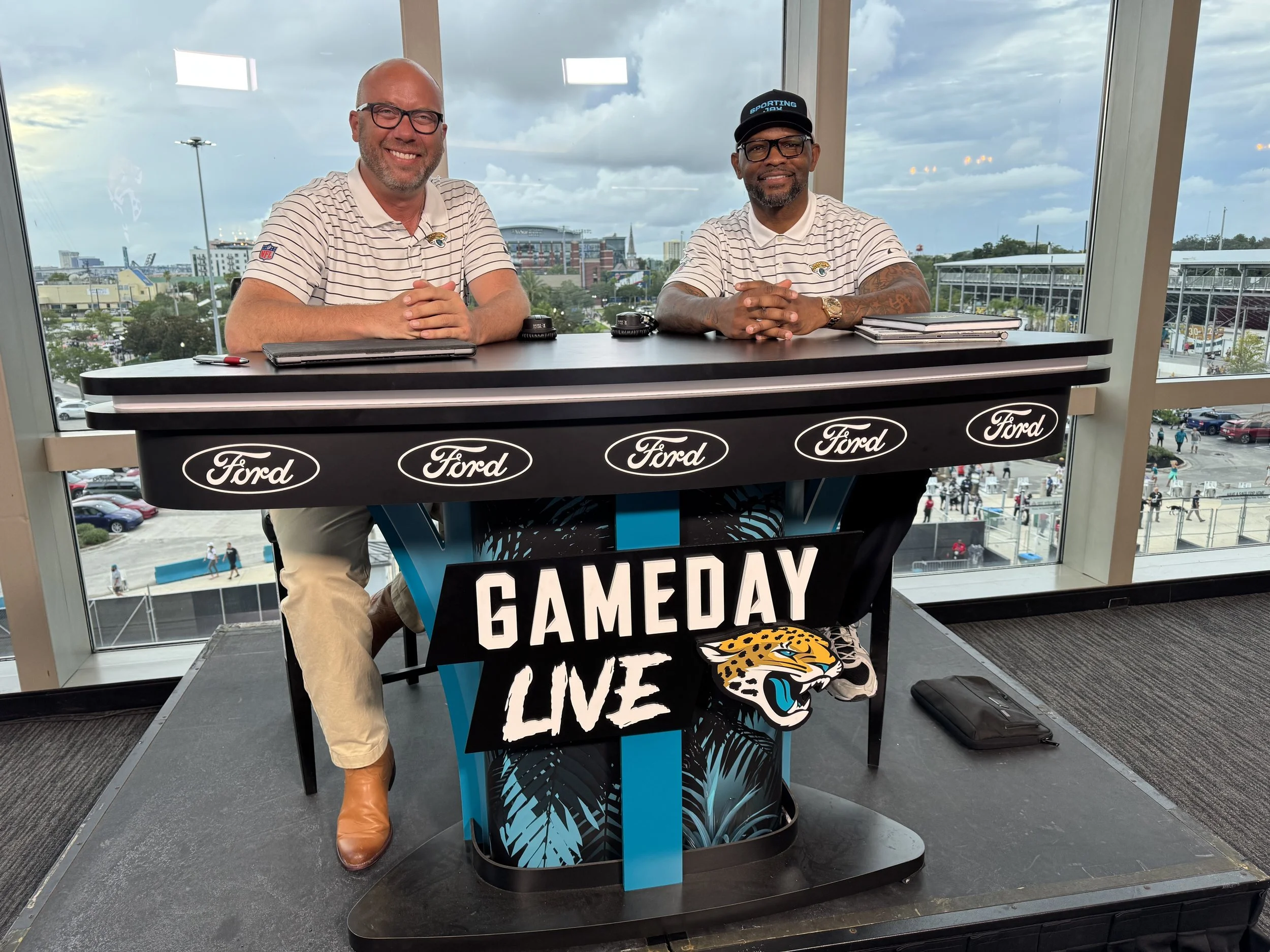 J.P. Shadrick with Pride of the Jaguars RB Fred Taylor for Ford Gameday Live in-stadium during the 2024 preseason. (Photo: J.P. Shadrick)