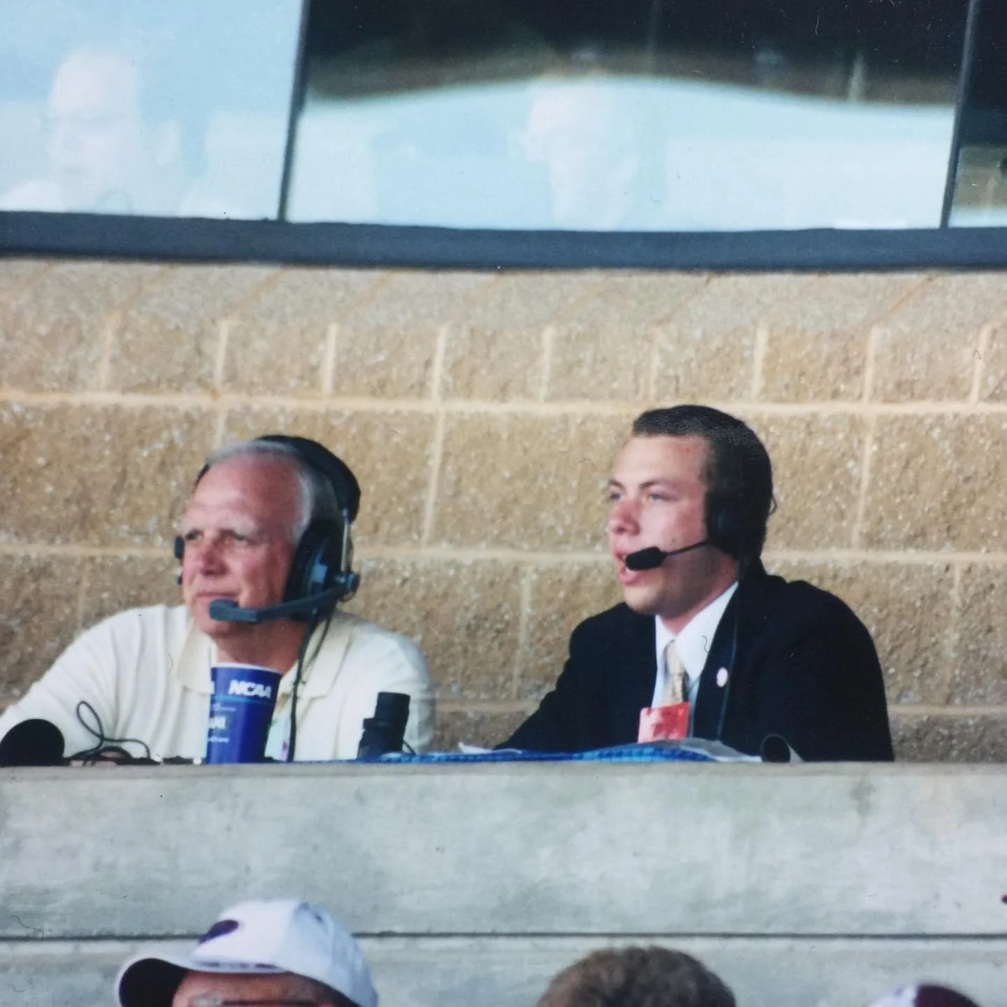 Former University of Alabama athletic director Mal Moore with J.P. Shadrick at the 2003 Women's College World Series in Oklahoma City, Oklahoma, on WVUA Radio.