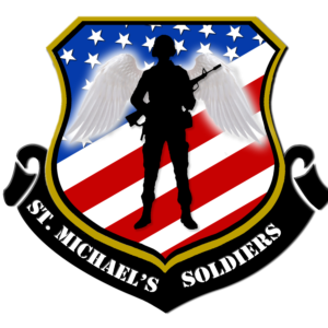Silhouette of a soldier with angel wings standing in front of a shield emblem, which features the American flag and the text 'St. Michael's Soldiers'.