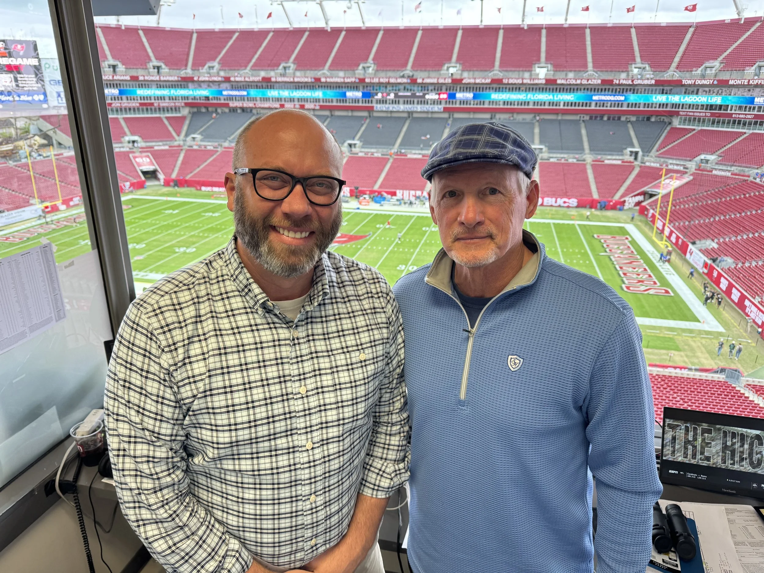 J.P. Shadrick with analyst Mike Mayock before Panthers-Bucs Week 18 2025 - Westwood One