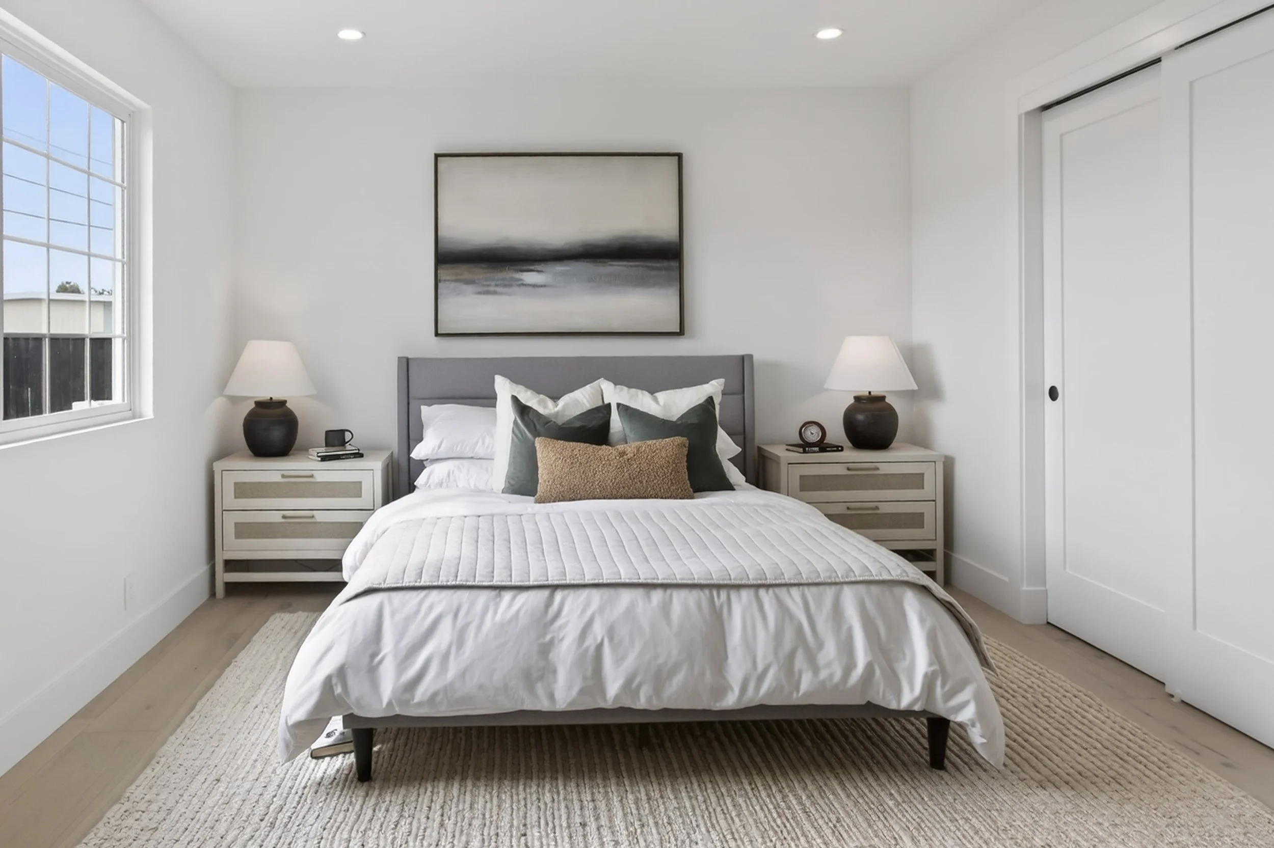 A neatly made bed in a minimalist bedroom with white walls and a window to the left. The bed has a gray headboard, white bedding, and decorative pillows, with a framed abstract landscape painting above. Two matching nightstands with lamps, a clock, a
