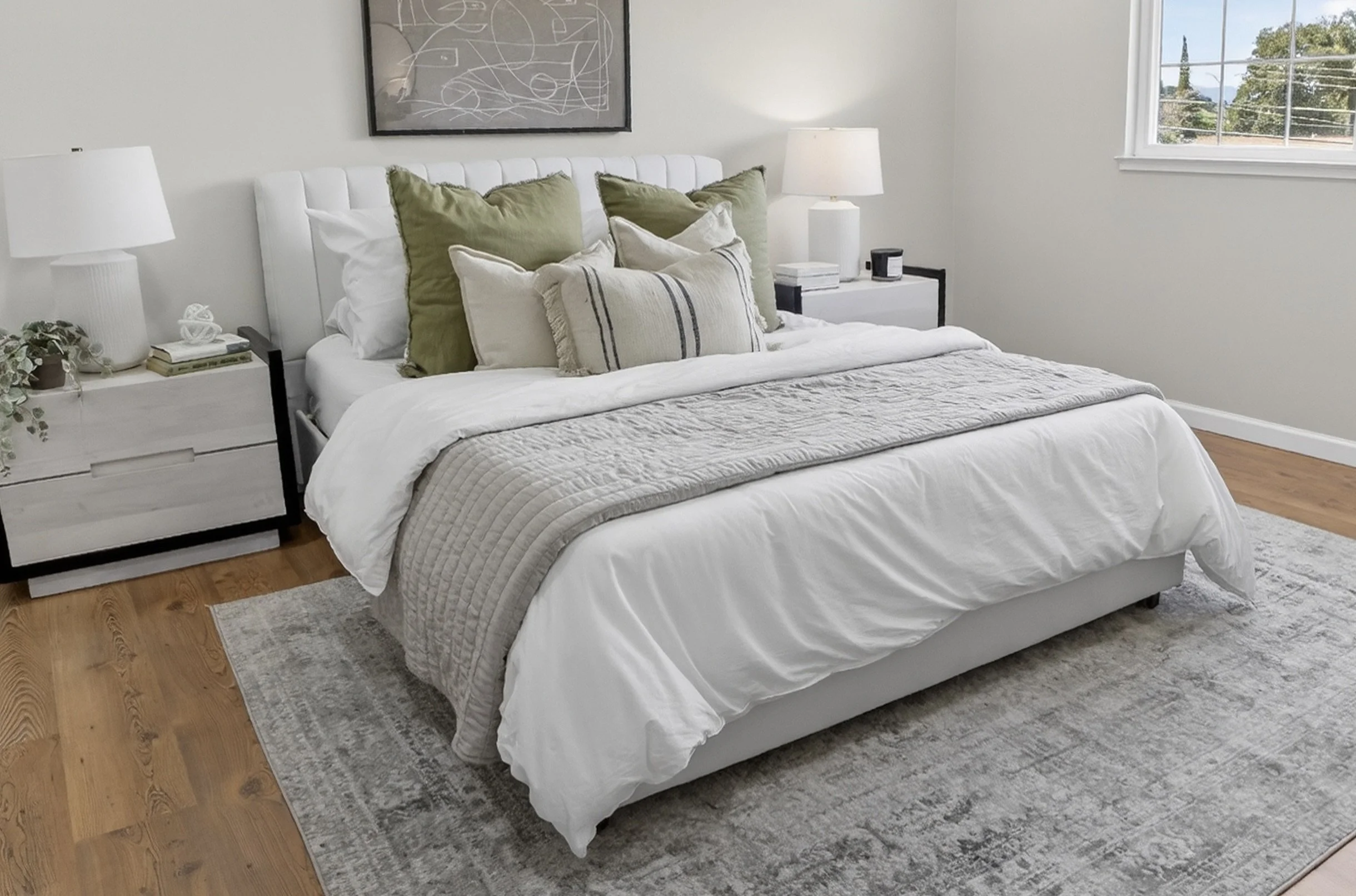 Dublin A neatly made bed with white bedding, several green and striped pillows, beige and gray throw blankets, in a bedroom with hardwood floors, white walls, and two white nightstands with lamps and decorative items.