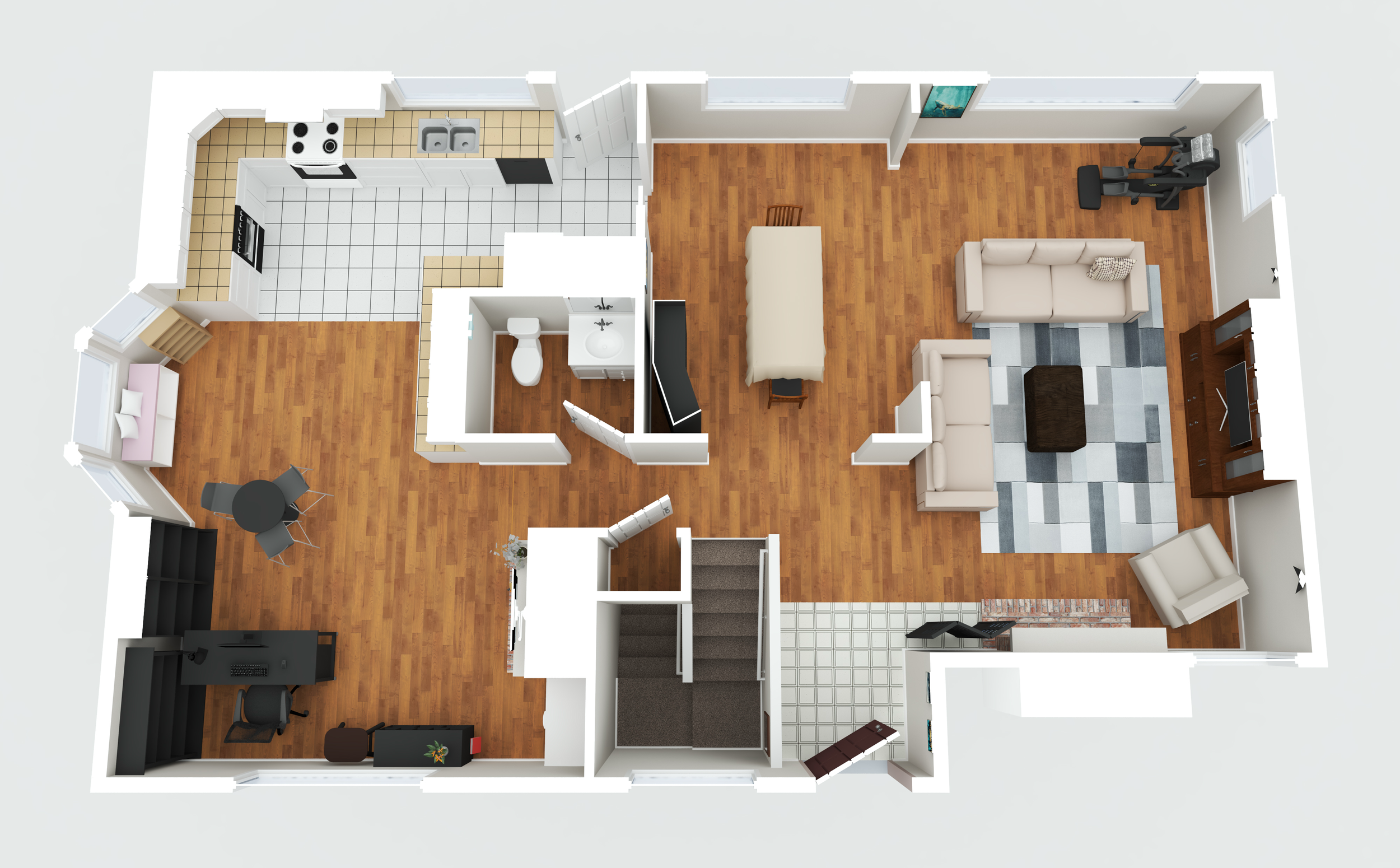 Top-down view of a house floor plan showing a kitchen, living room with sofas and TV, dining area, an office space, a bathroom, and a staircase leading to another floor. The house features hardwood floors, tiled kitchen and entryway, and various furniture pieces.