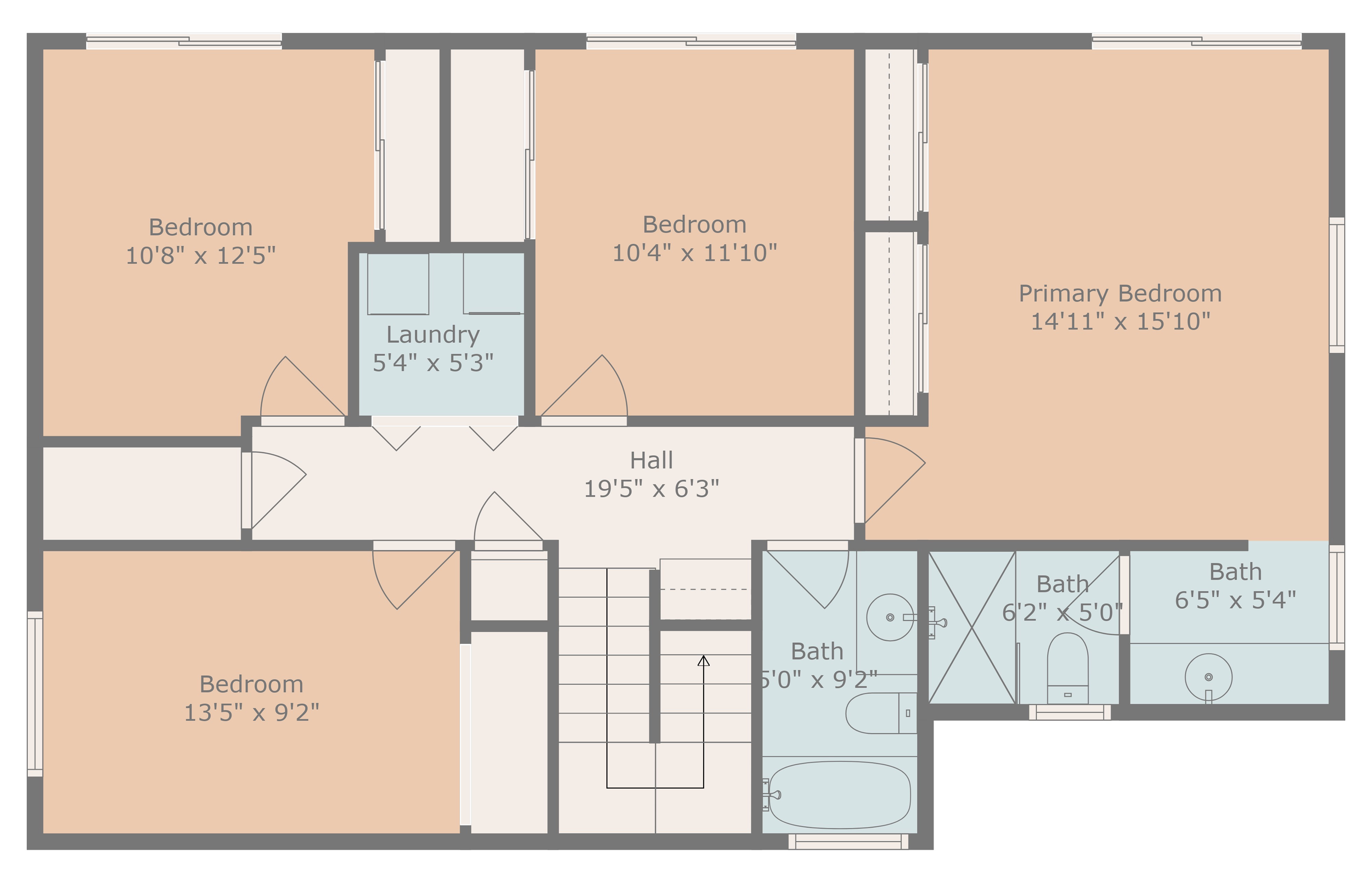 Floor plan of a house showing five bedrooms, three bathrooms, a laundry room, and a hall with stairs.