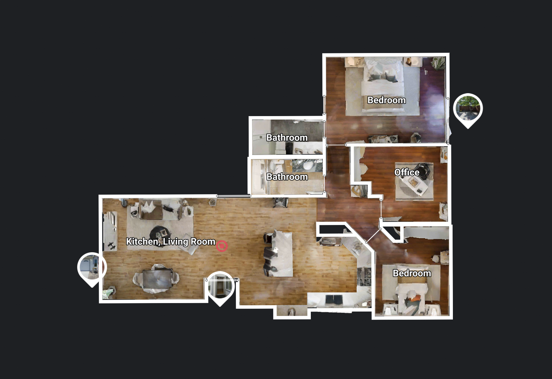 A floor plan of a house showing bedrooms, bathrooms, kitchen, living room, and an office with labeled spaces and a dark background.