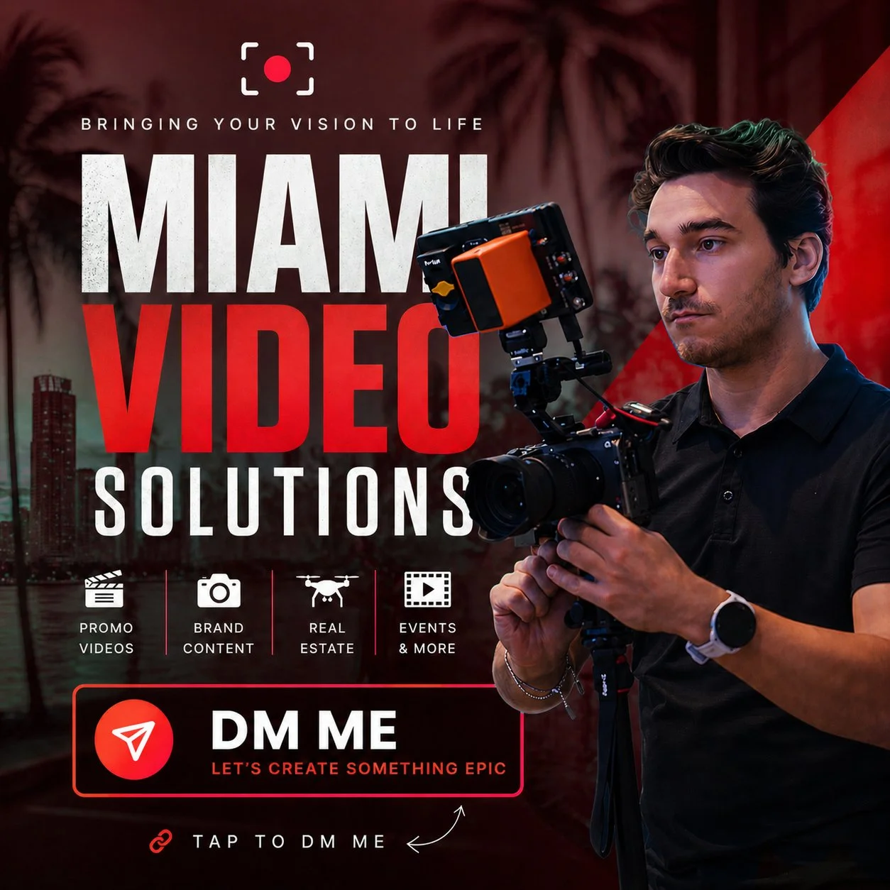 A young man operating a professional video camera outdoors in Miami at sunset. The background features palm trees and city buildings with a colorful sky. The text promotes video solutions for promo videos, brand content, real estate, and events, with a call to action to DM for creating epic videos.