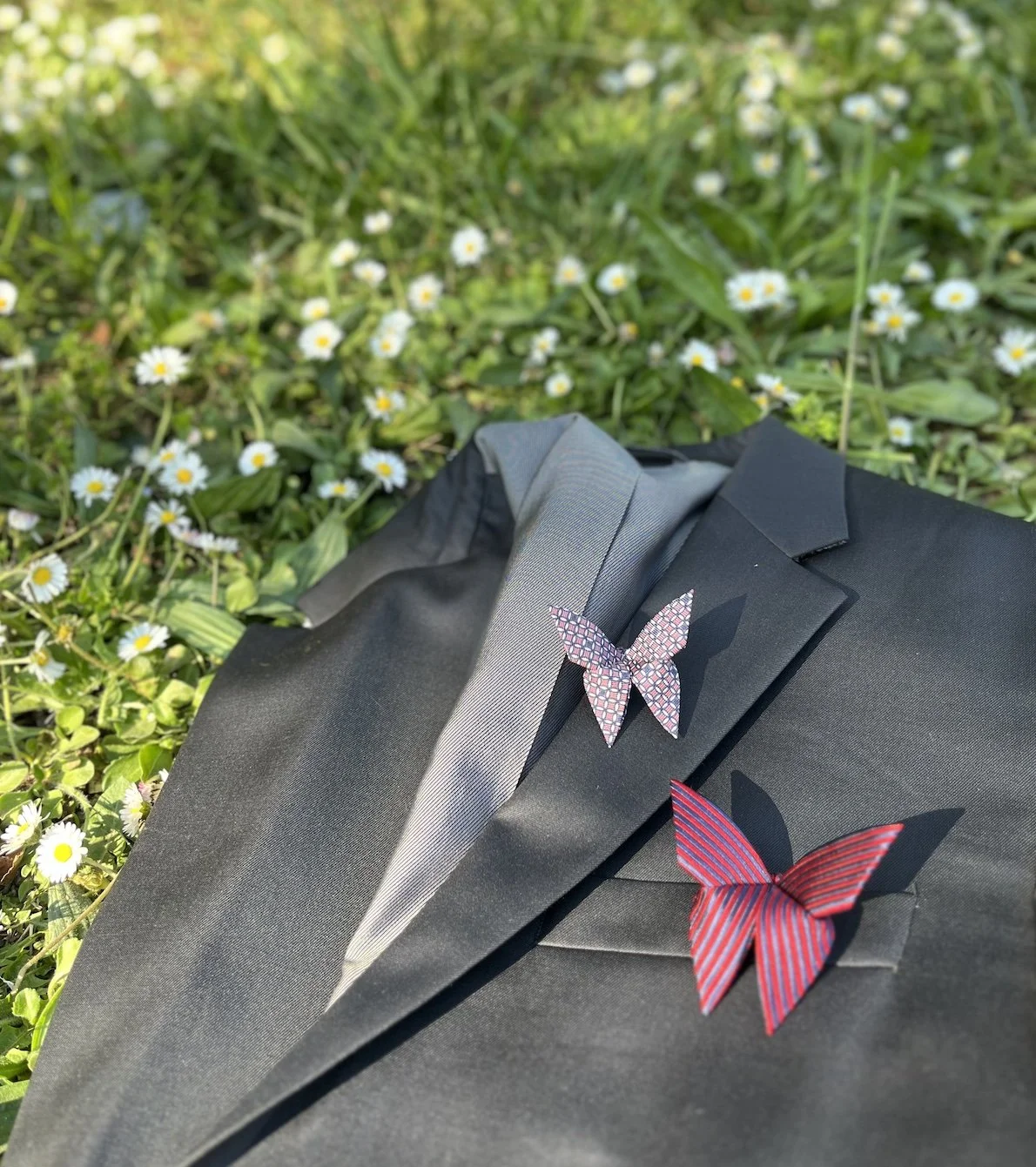 Costume de marié avec deux Butterties -accessoires papillons en soie- posé sur de l'herbe