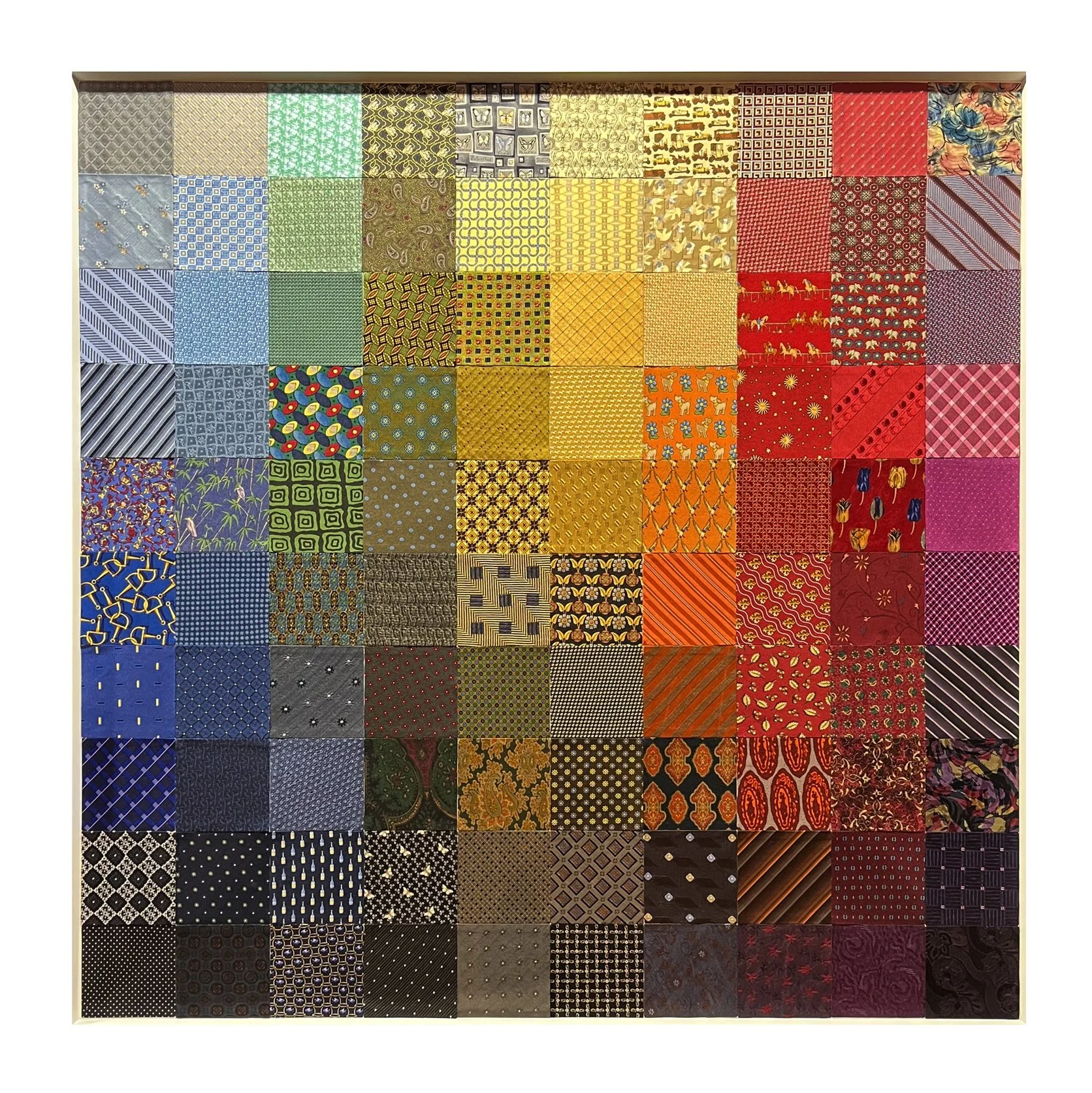 Un tableau de nombreux carrés de tissus ou de papiers avec diverses motifs et couleurs, organisés en une grille.