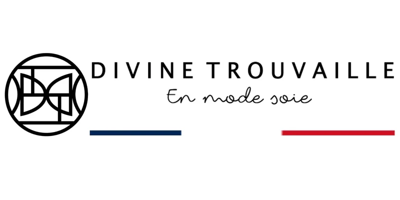 Logo de Divine Trouvaille avec le texte 'En mode soie' et des éléments de design inspirés de la France.