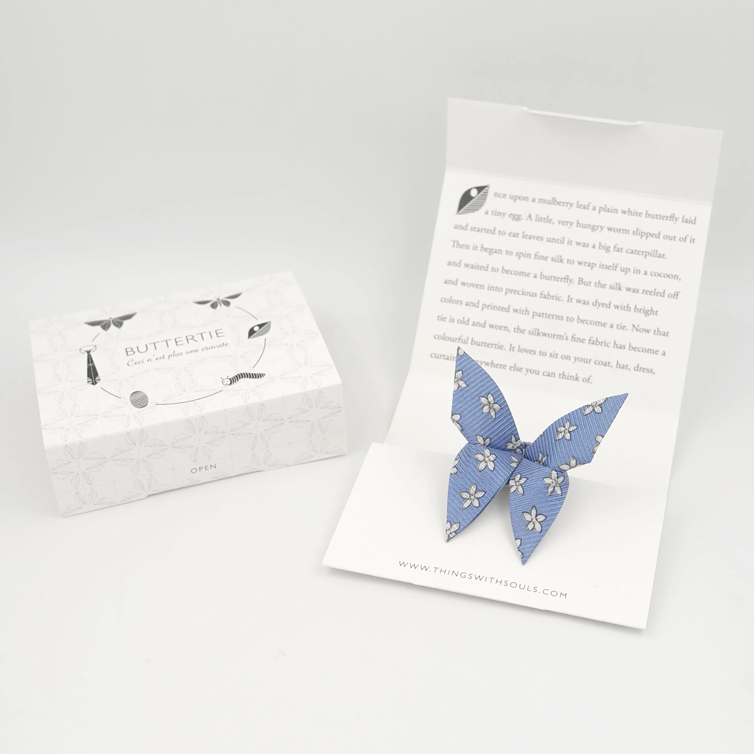 Une affiche blanche avec un papillon en papier bleu à motifs floraux, un livret ou une brochure pliée, un document avec du texte écrit, et un autre petit document avec un diagramme illustrant la croissance d'un papillon