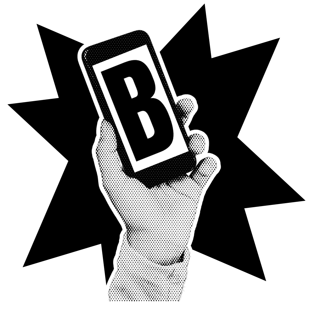 A stylized black and white illustration of a hand holding a smartphone, with the screen displaying the letter 'B'.