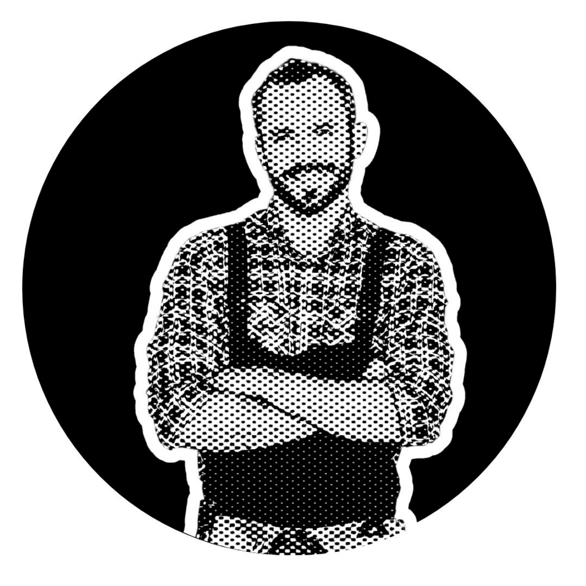 Black and white halftone illustration of a man with short hair and a beard, crossed arms, wearing a plaid shirt with rolled-up sleeves and an apron.