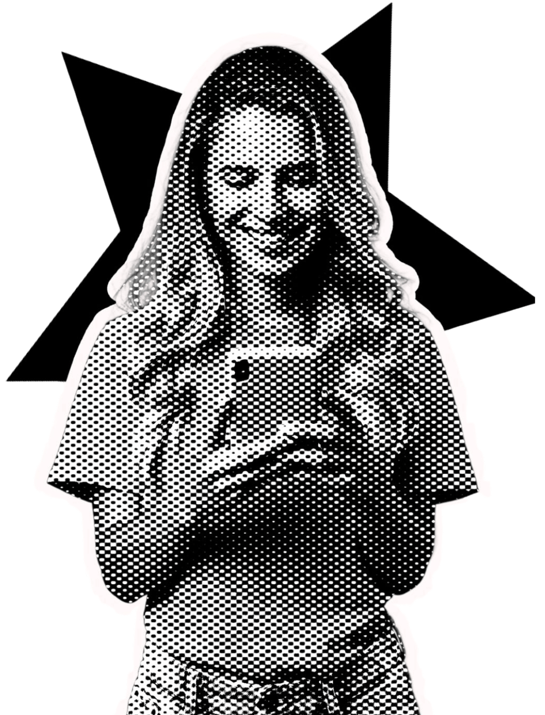 Black and white stylized illustration of a woman taking a selfie in a mirror, smiling, with shoulder-length hair.