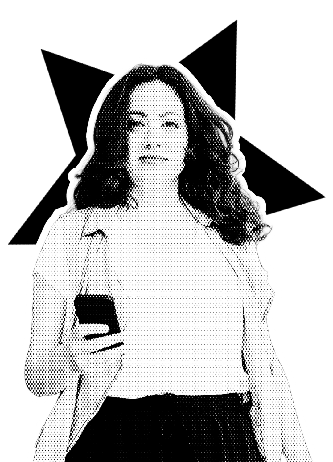 Black and white halftone illustration of a woman with dark, wavy hair holding a smartphone, against a black background.
