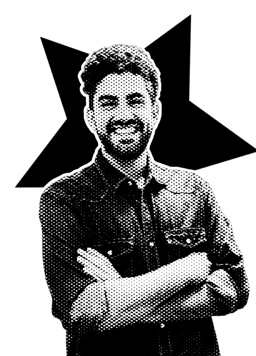 Black and white halftone illustration of a smiling man with dark hair and a beard, standing with arms crossed, wearing a denim jacket.