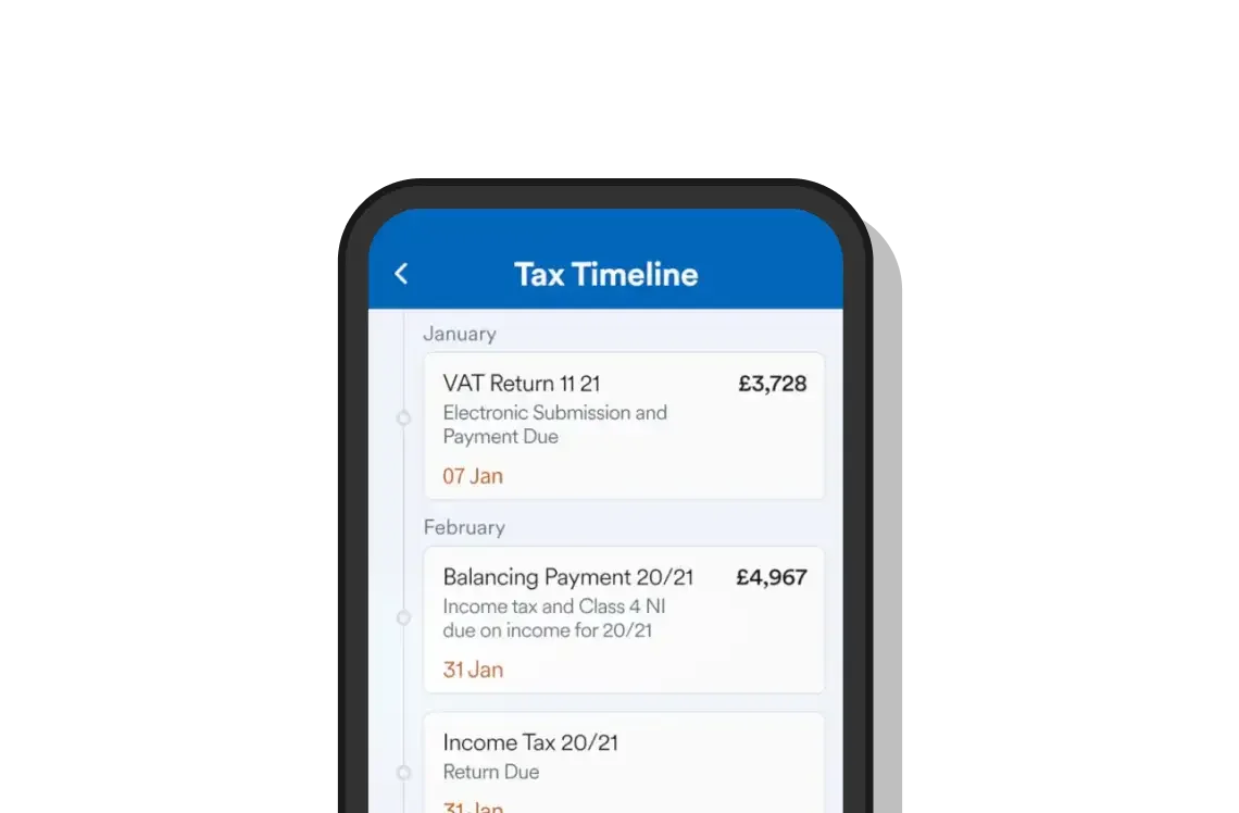 Screenshot of a mobile app displaying a 'Tax Timeline' with entries for January and February, including VAT return, balancing payment, and income tax due dates, along with respective amounts and due dates.
